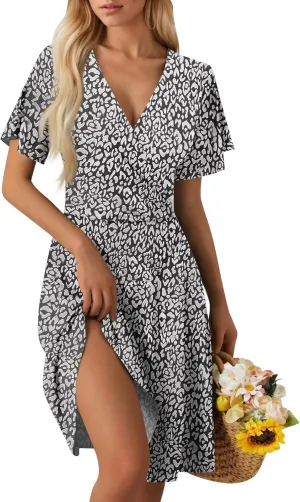Summer Dresses for Women 2025 Elegant Classy Fit and Flare Empire Waist Dress V Neck Boho Flowy Midi Dress