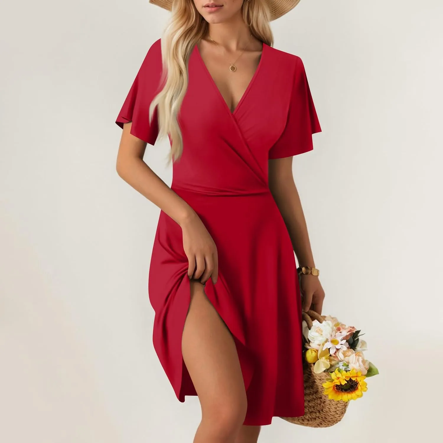 Summer Dresses for Women 2025 Elegant Classy Fit and Flare Empire Waist Dress V Neck Boho Flowy Midi Dress