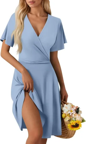Summer Dresses for Women 2025 Elegant Classy Fit and Flare Empire Waist Dress V Neck Boho Flowy Midi Dress