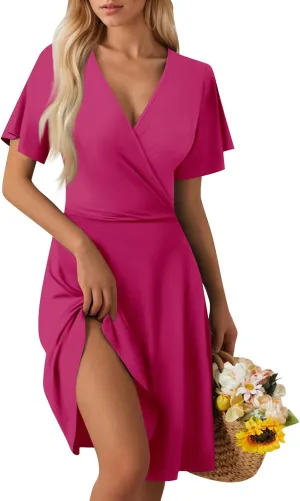 Summer Dresses for Women 2025 Elegant Classy Fit and Flare Empire Waist Dress V Neck Boho Flowy Midi Dress