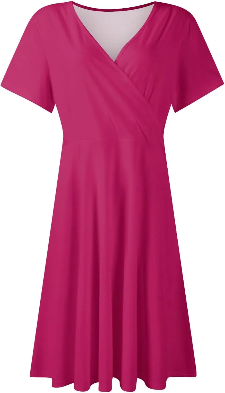 Summer Dresses for Women 2025 Elegant Classy Fit and Flare Empire Waist Dress V Neck Boho Flowy Midi Dress