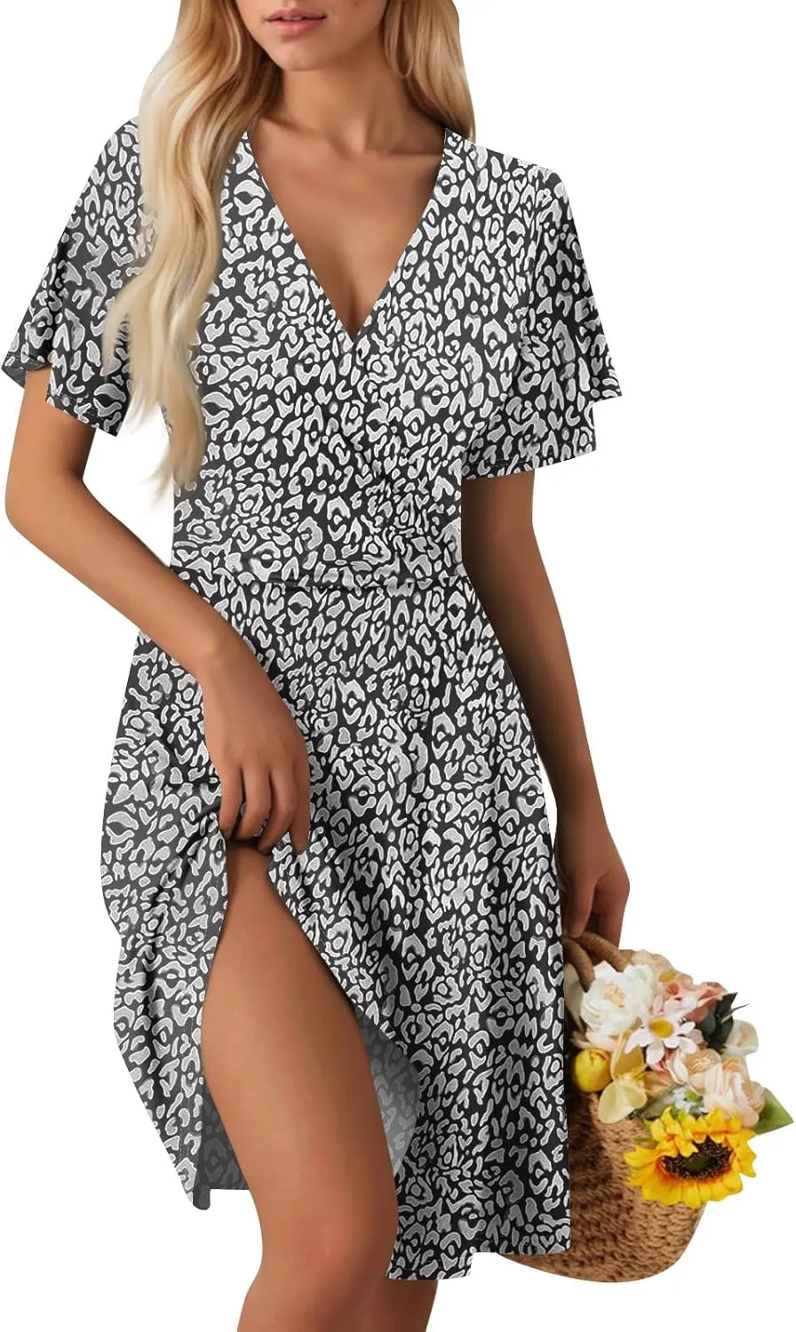 Summer Dresses for Women 2025 Elegant Classy Fit and Flare Empire Waist Dress V Neck Boho Flowy Midi Dress