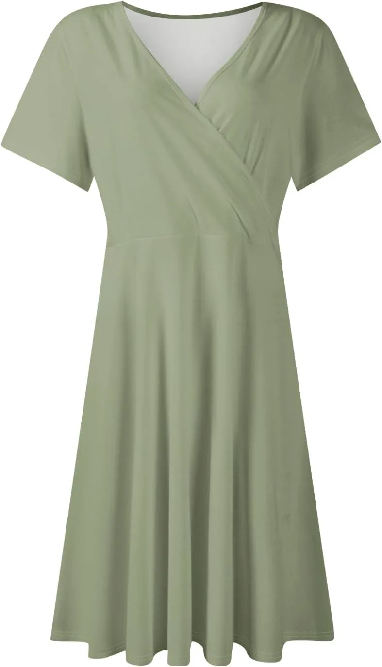 Summer Dresses for Women 2025 Elegant Classy Fit and Flare Empire Waist Dress V Neck Boho Flowy Midi Dress