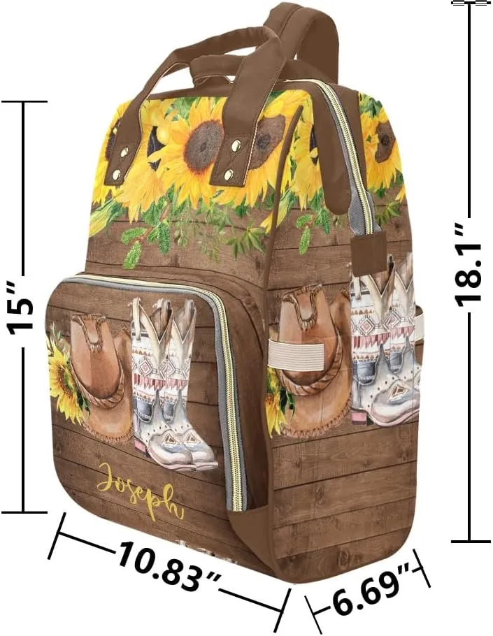 Sunflower Wood Cowboy Hat Boot Personalized Diaper Bag Backpack Multi-Function Custom with Name Large Travel Nappy Mommy Bag Backpack