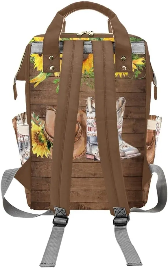 Sunflower Wood Cowboy Hat Boot Personalized Diaper Bag Backpack Multi-Function Custom with Name Large Travel Nappy Mommy Bag Backpack