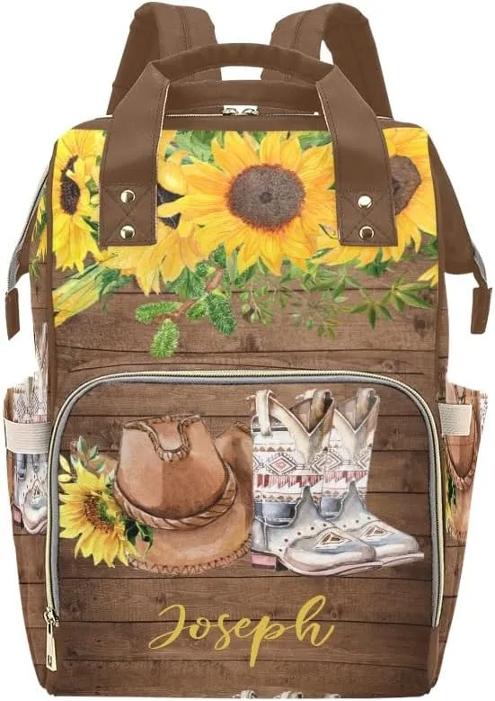 Sunflower Wood Cowboy Hat Boot Personalized Diaper Bag Backpack Multi-Function Custom with Name Large Travel Nappy Mommy Bag Backpack