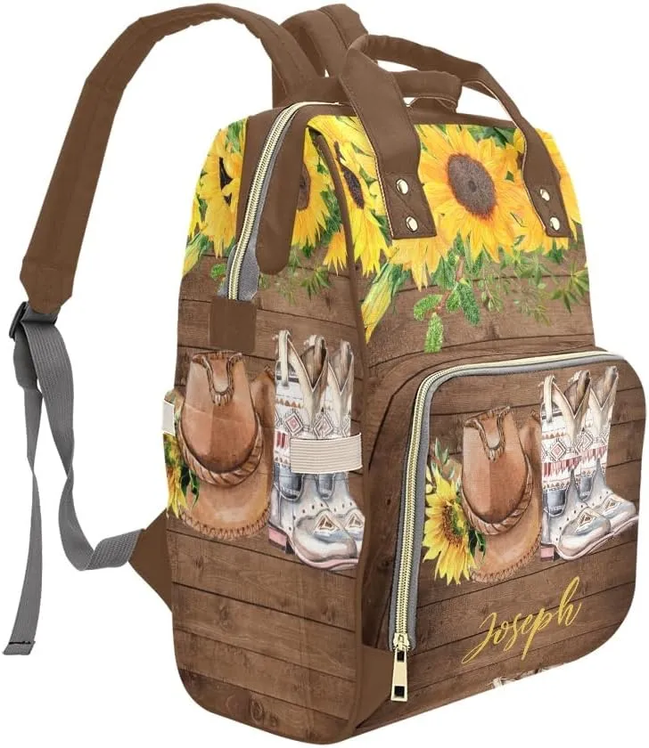 Sunflower Wood Cowboy Hat Boot Personalized Diaper Bag Backpack Multi-Function Custom with Name Large Travel Nappy Mommy Bag Backpack