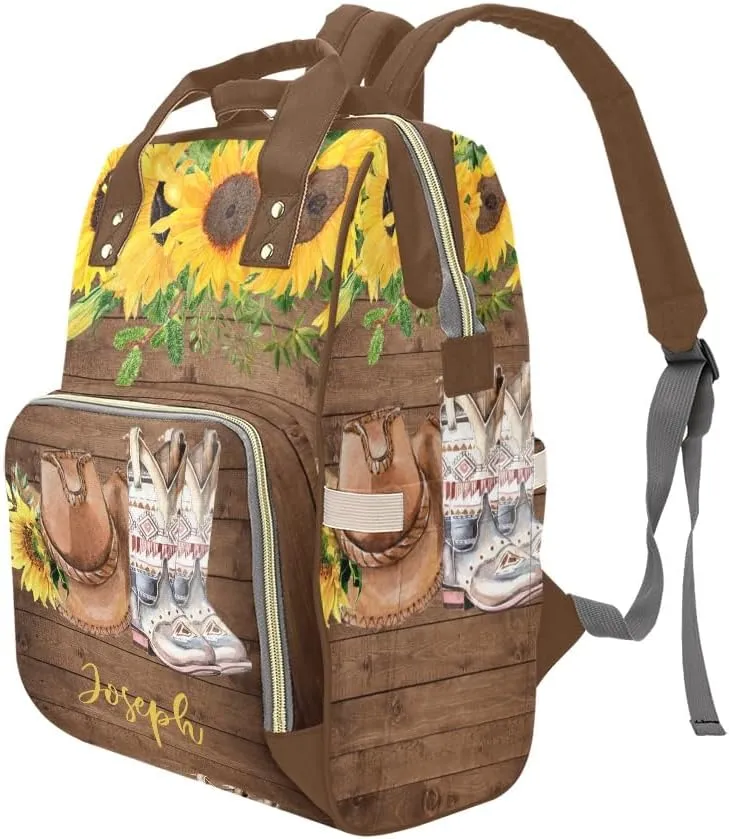 Sunflower Wood Cowboy Hat Boot Personalized Diaper Bag Backpack Multi-Function Custom with Name Large Travel Nappy Mommy Bag Backpack