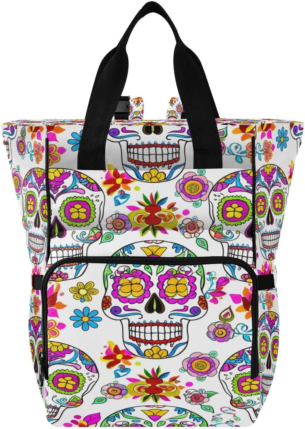 Sunlit Sugar Skulls Diaper Bag Backpack, Unisex Travel Baby Backpack Diaper Bags with Stroller Straps & Pacifier Case, Large Capacity Waterproof Diaper Backpack