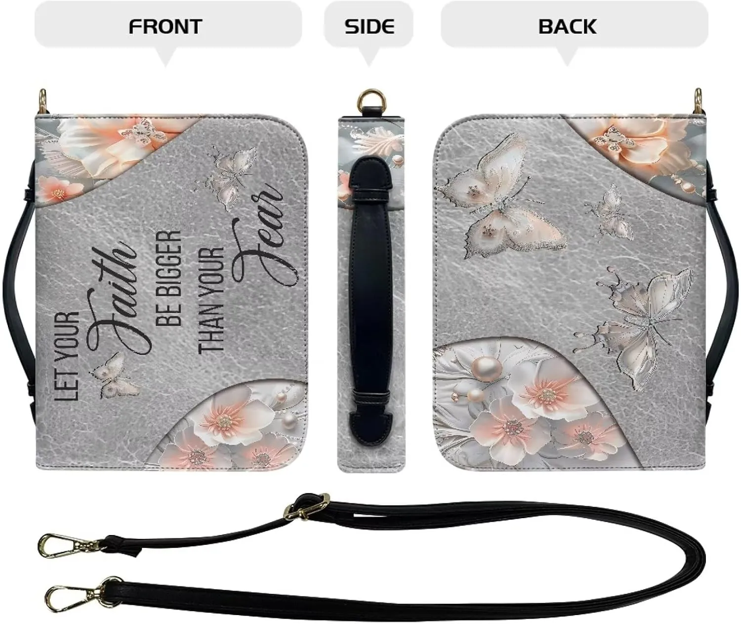 Suobstales Butterfly Flower Pattern Bible Cover with Shoulder Strap Let Your Faith Be Bigger Than Your Fear PU Leather Makeup Organizer Expand Brief Case Journal Case Christian Purses Handbags, L