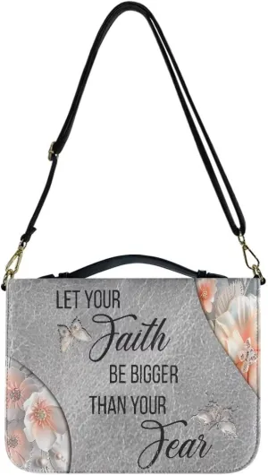 Suobstales Butterfly Flower Pattern Bible Cover with Shoulder Strap Let Your Faith Be Bigger Than Your Fear PU Leather Makeup Organizer Expand Brief Case Journal Case Christian Purses Handbags, L