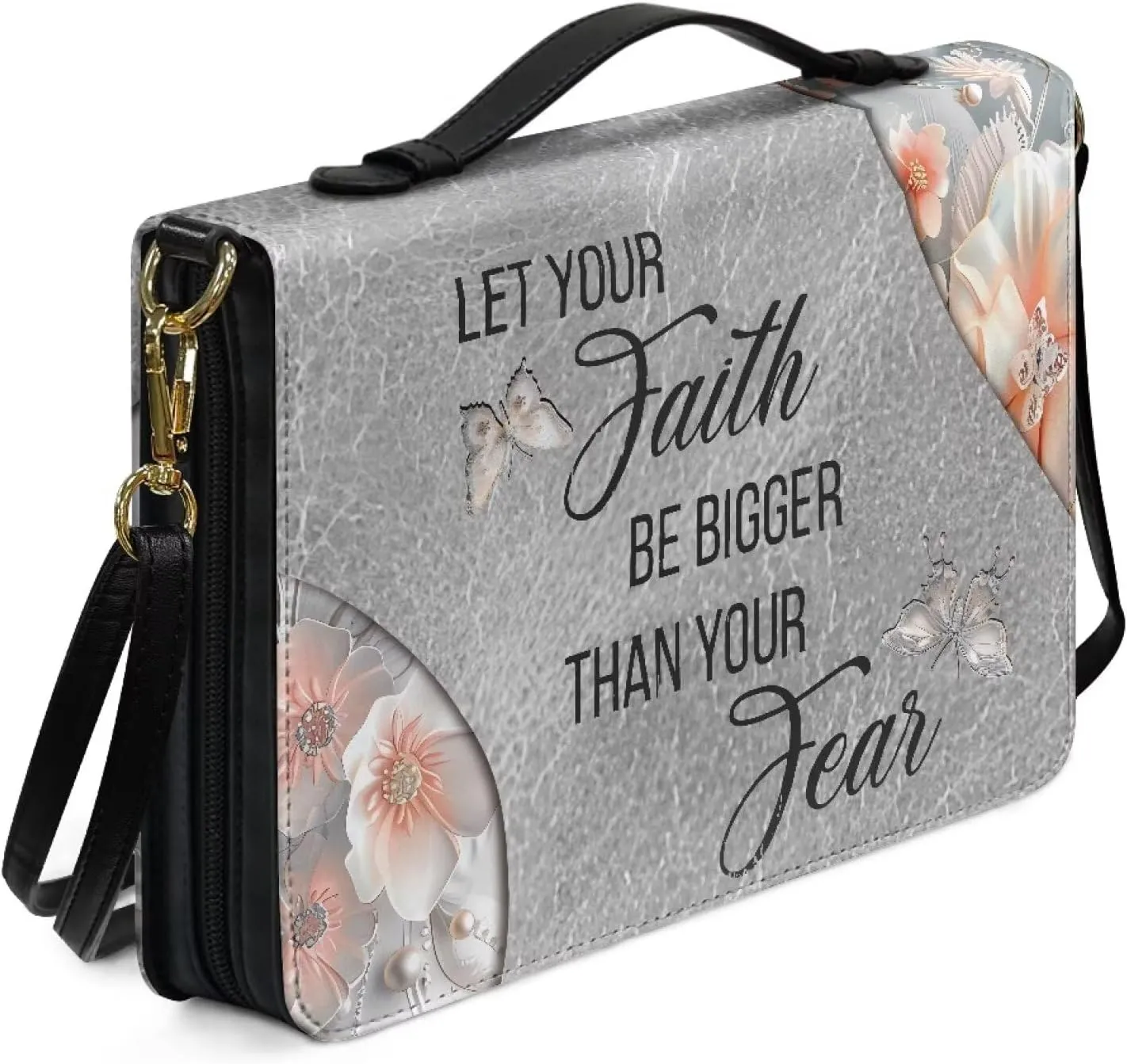 Suobstales Butterfly Flower Pattern Bible Cover with Shoulder Strap Let Your Faith Be Bigger Than Your Fear PU Leather Makeup Organizer Expand Brief Case Journal Case Christian Purses Handbags, L