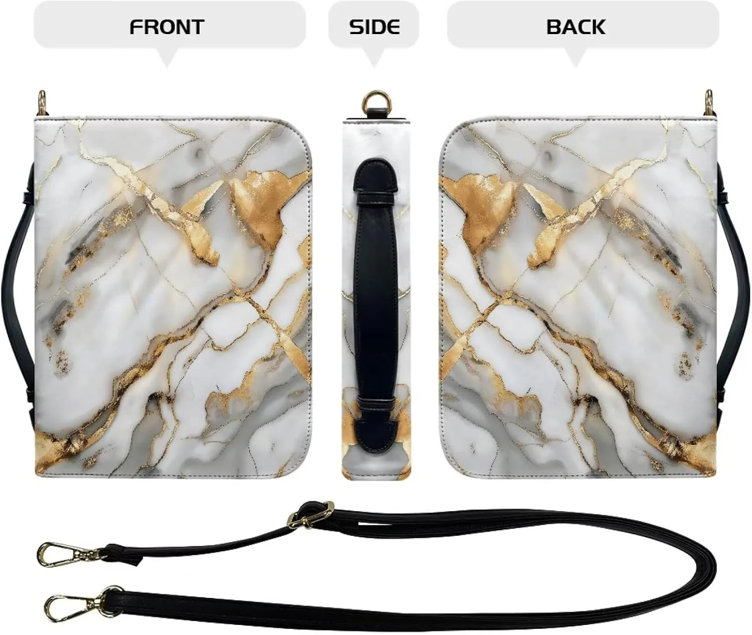 Suobstales Marble Print Bible Cover for Women Men Lightweight PU Leather Makeup Organizer Expand Brief Case Journal Case Christian Purses Handbags with Shoulder Strap, M