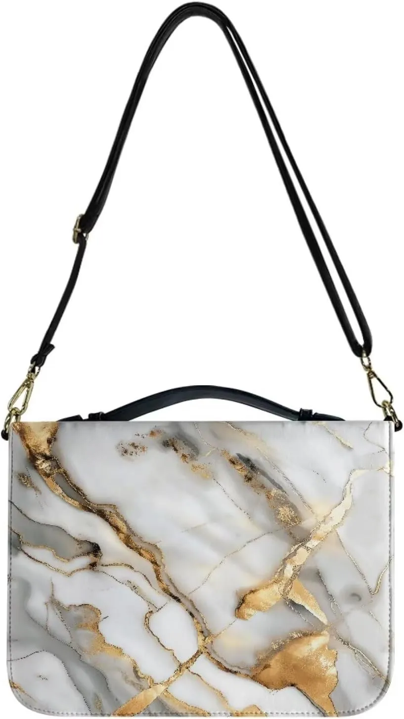 Suobstales Marble Print Bible Cover for Women Men Lightweight PU Leather Makeup Organizer Expand Brief Case Journal Case Christian Purses Handbags with Shoulder Strap, M
