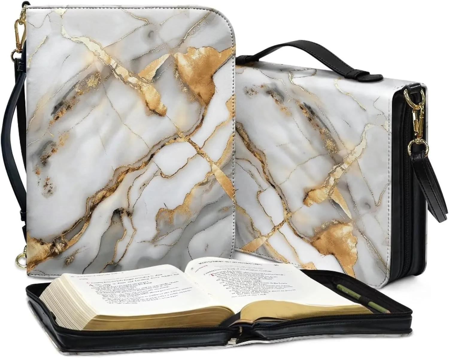 Suobstales Marble Print Bible Cover for Women Men Lightweight PU Leather Makeup Organizer Expand Brief Case Journal Case Christian Purses Handbags with Shoulder Strap, M