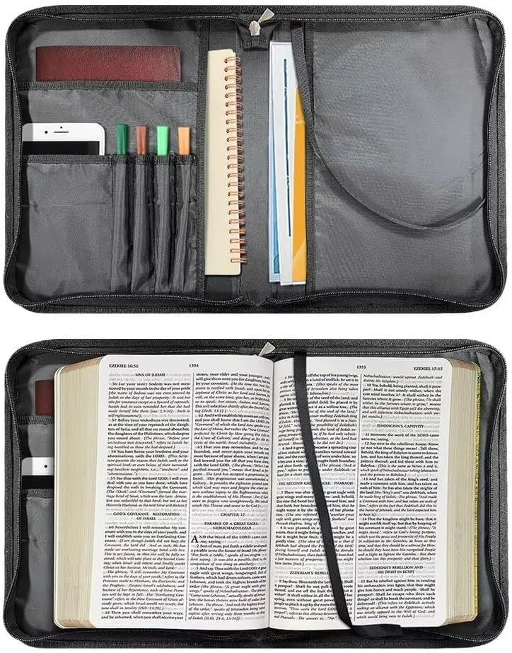 Suobstales Marble Print Bible Cover for Women Men Lightweight PU Leather Makeup Organizer Expand Brief Case Journal Case Christian Purses Handbags with Shoulder Strap, M