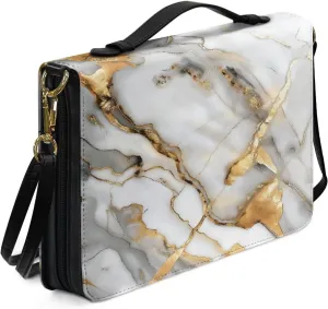 Suobstales Marble Print Bible Cover for Women Men Lightweight PU Leather Makeup Organizer Expand Brief Case Journal Case Christian Purses Handbags with Shoulder Strap, M