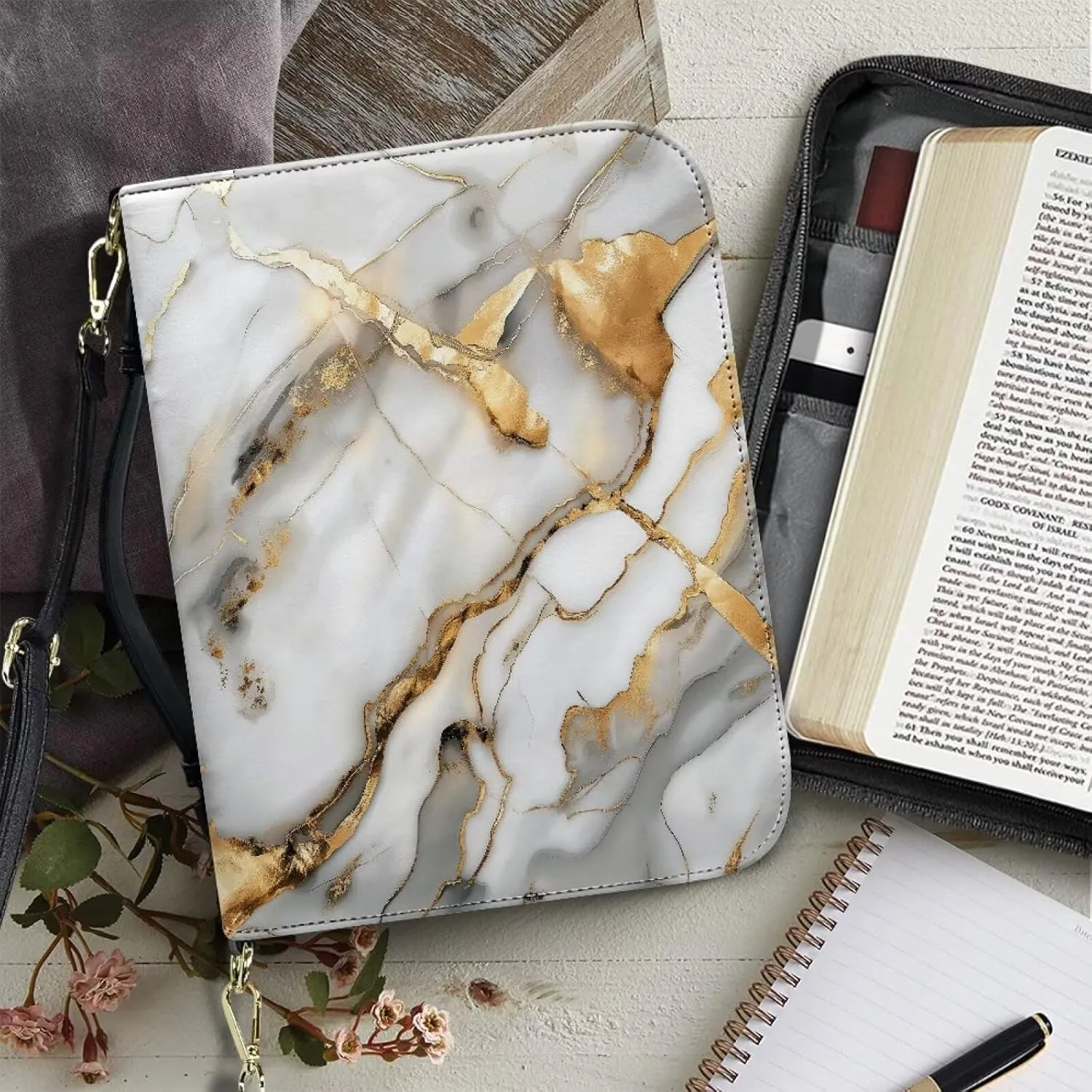 Suobstales Marble Print Bible Cover for Women Men Lightweight PU Leather Makeup Organizer Expand Brief Case Journal Case Christian Purses Handbags with Shoulder Strap, M