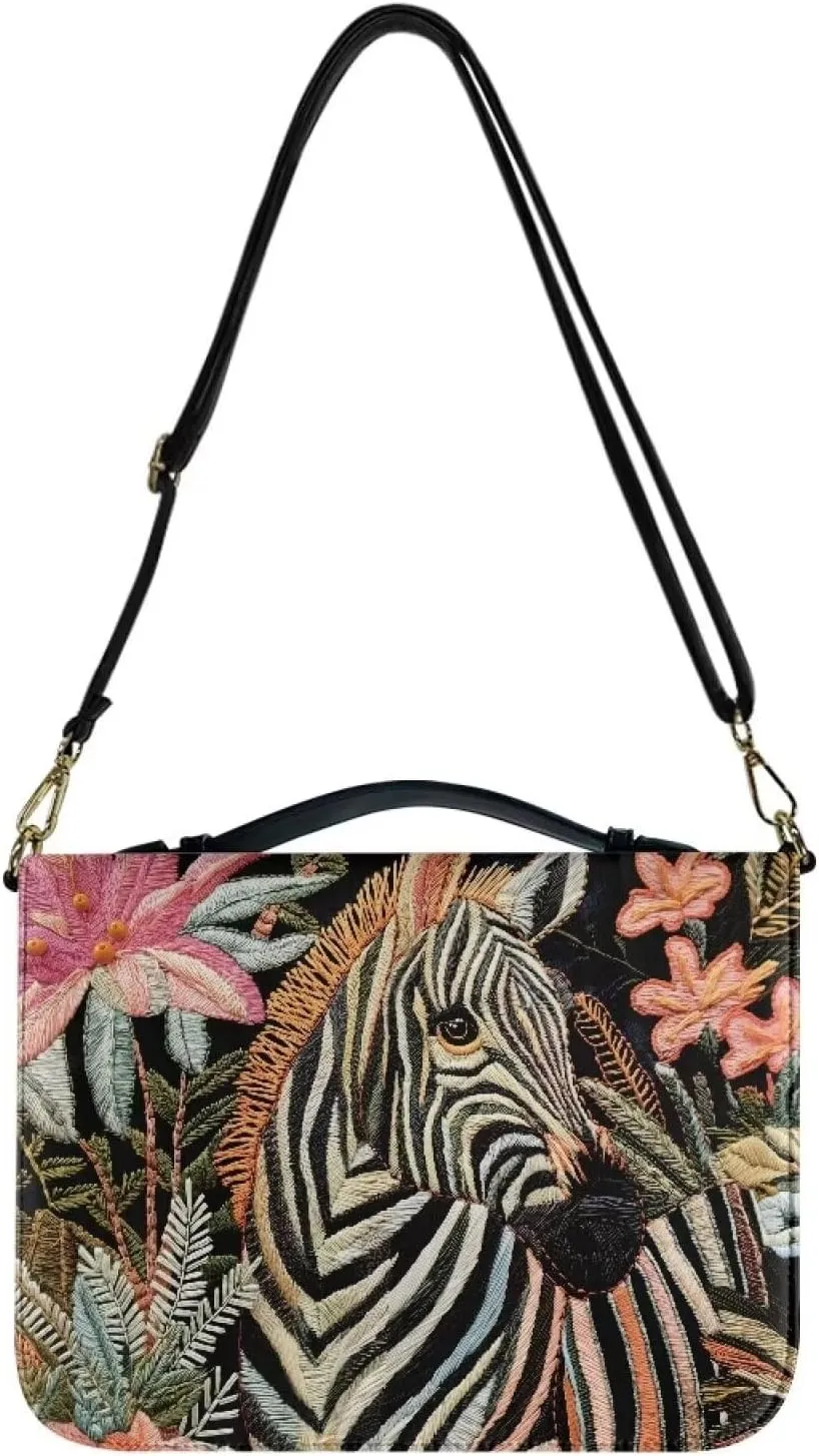Suobstales Zebra Flower Print Bible Cover with Shoulder Strap PU Leather Makeup Organizer Expand Brief Case Journal Case Christian Purses Handbags with Handle for Women Men, XL