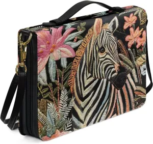 Suobstales Zebra Flower Print Bible Cover with Shoulder Strap PU Leather Makeup Organizer Expand Brief Case Journal Case Christian Purses Handbags with Handle for Women Men, XL