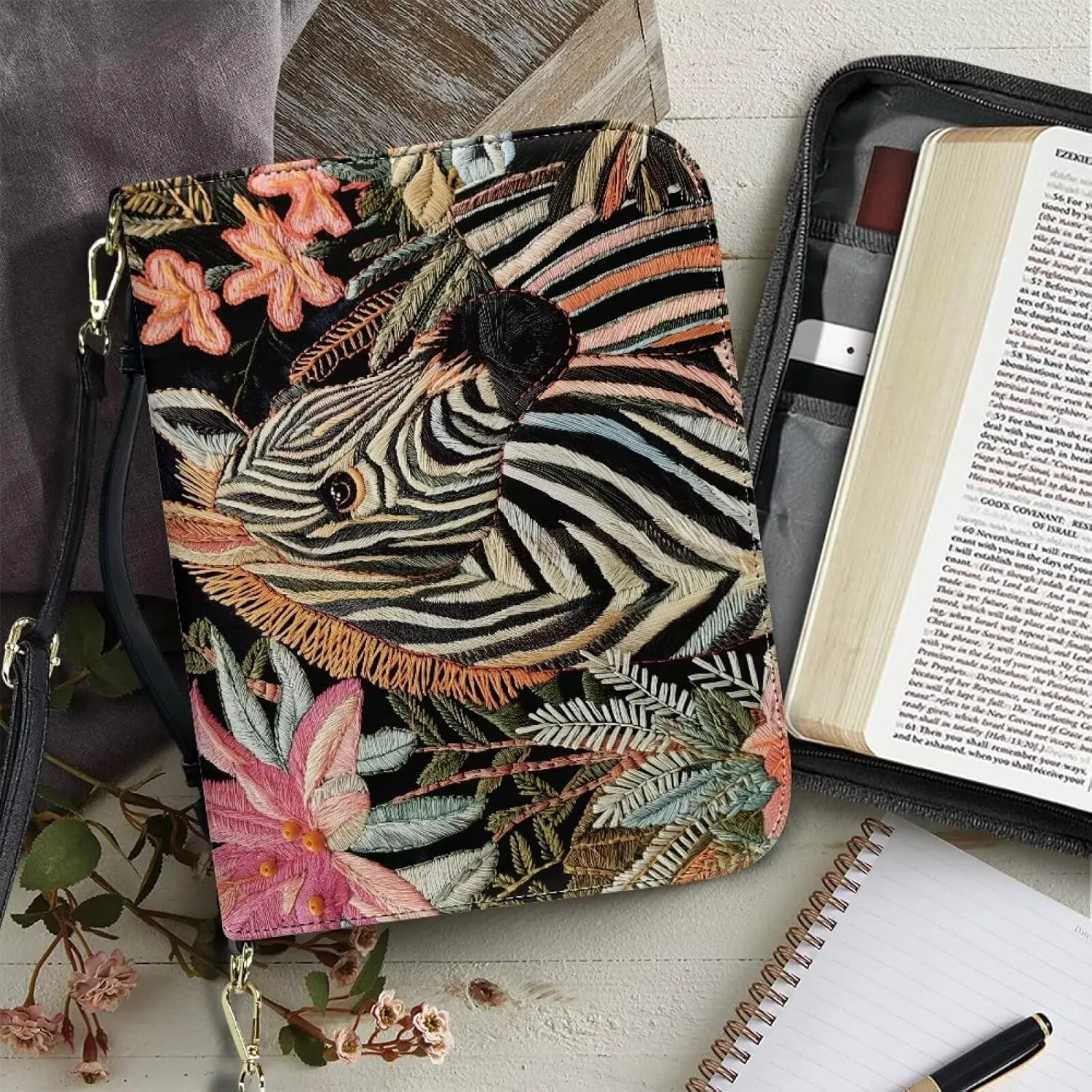 Suobstales Zebra Flower Print Bible Cover with Shoulder Strap PU Leather Makeup Organizer Expand Brief Case Journal Case Christian Purses Handbags with Handle for Women Men, XL