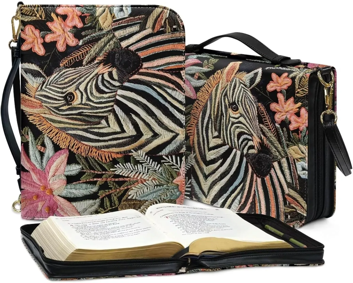 Suobstales Zebra Flower Print Bible Cover with Shoulder Strap PU Leather Makeup Organizer Expand Brief Case Journal Case Christian Purses Handbags with Handle for Women Men, XL