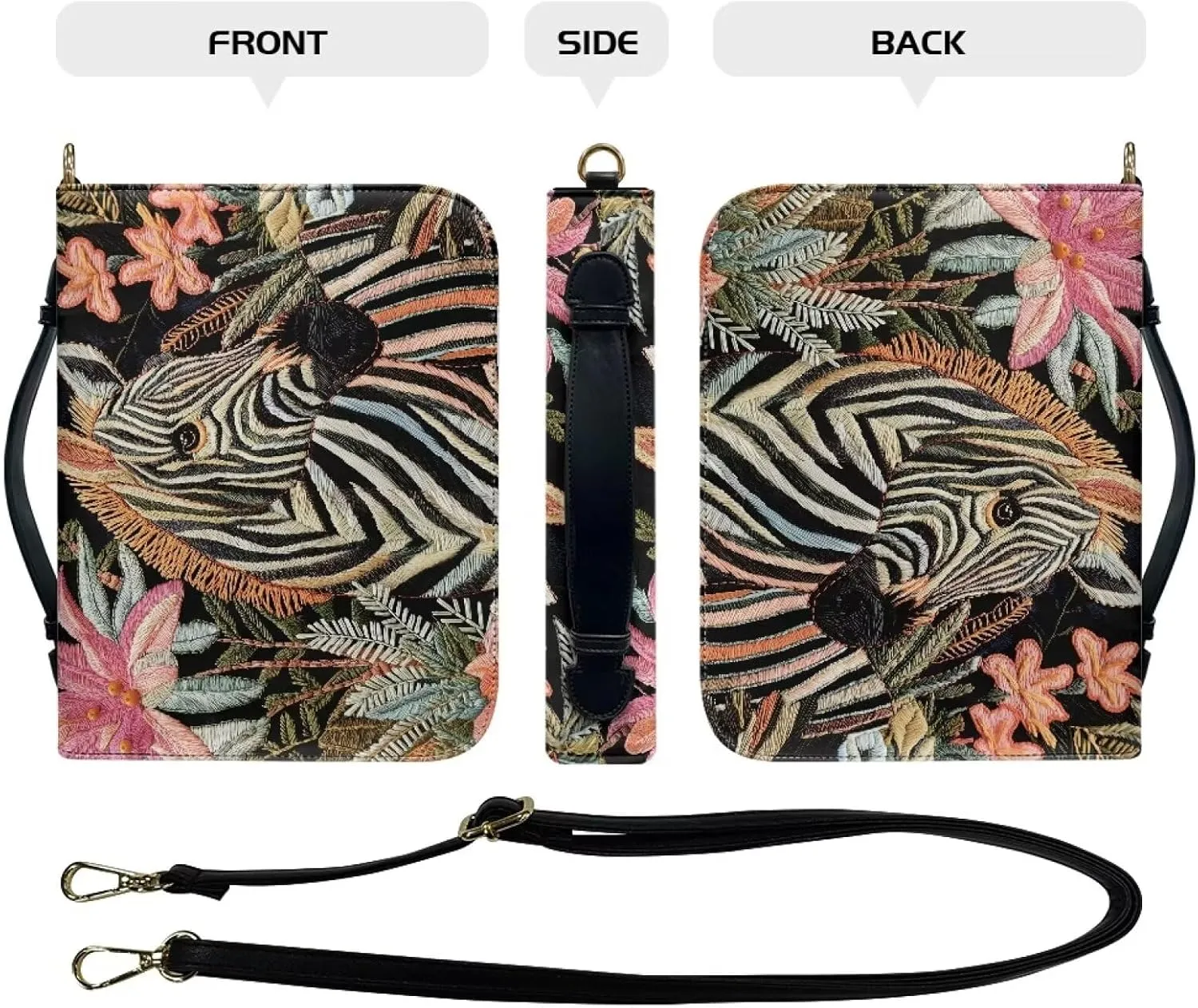 Suobstales Zebra Flower Print Bible Cover with Shoulder Strap PU Leather Makeup Organizer Expand Brief Case Journal Case Christian Purses Handbags with Handle for Women Men, XL