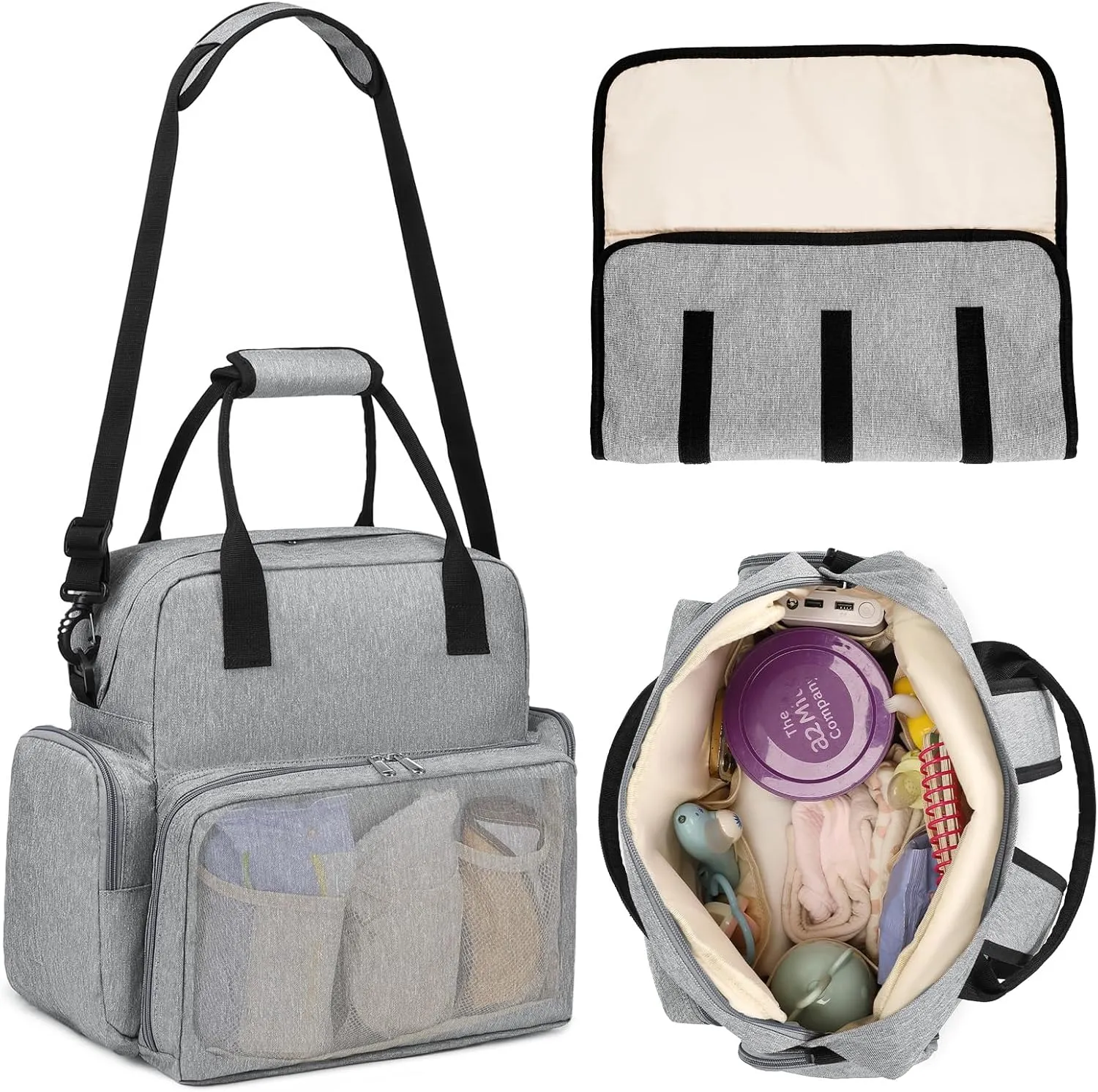 SVANE 6-in-1 Diaper Bag Backpack - Baby Essentials Travel Tote - Versatile Baby Bag with Changing Pad, Insulated Side Pockets, and Large Waterproof Tote for Newborn Boys & Girls – Gray