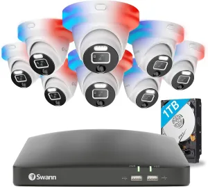 Swann 1080p HD Security Camera System, 8-Ch DVR with 1TB HDD, 8 Indoor/Outdoor Wired Dome Cameras, 24/7 Home Surveillance, Color Night Vision, Weatherproof, True Detect, Flashing & Spotlights,4680