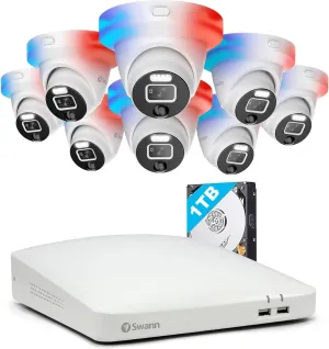 Swann 1080p HD Security Camera System White, 8-Ch DVR with 1TB HDD, 8 Indoor/Outdoor Wired Dome Cameras, 24/7 Home Surveillance, Color Night Vision, Weatherproof, True Detect