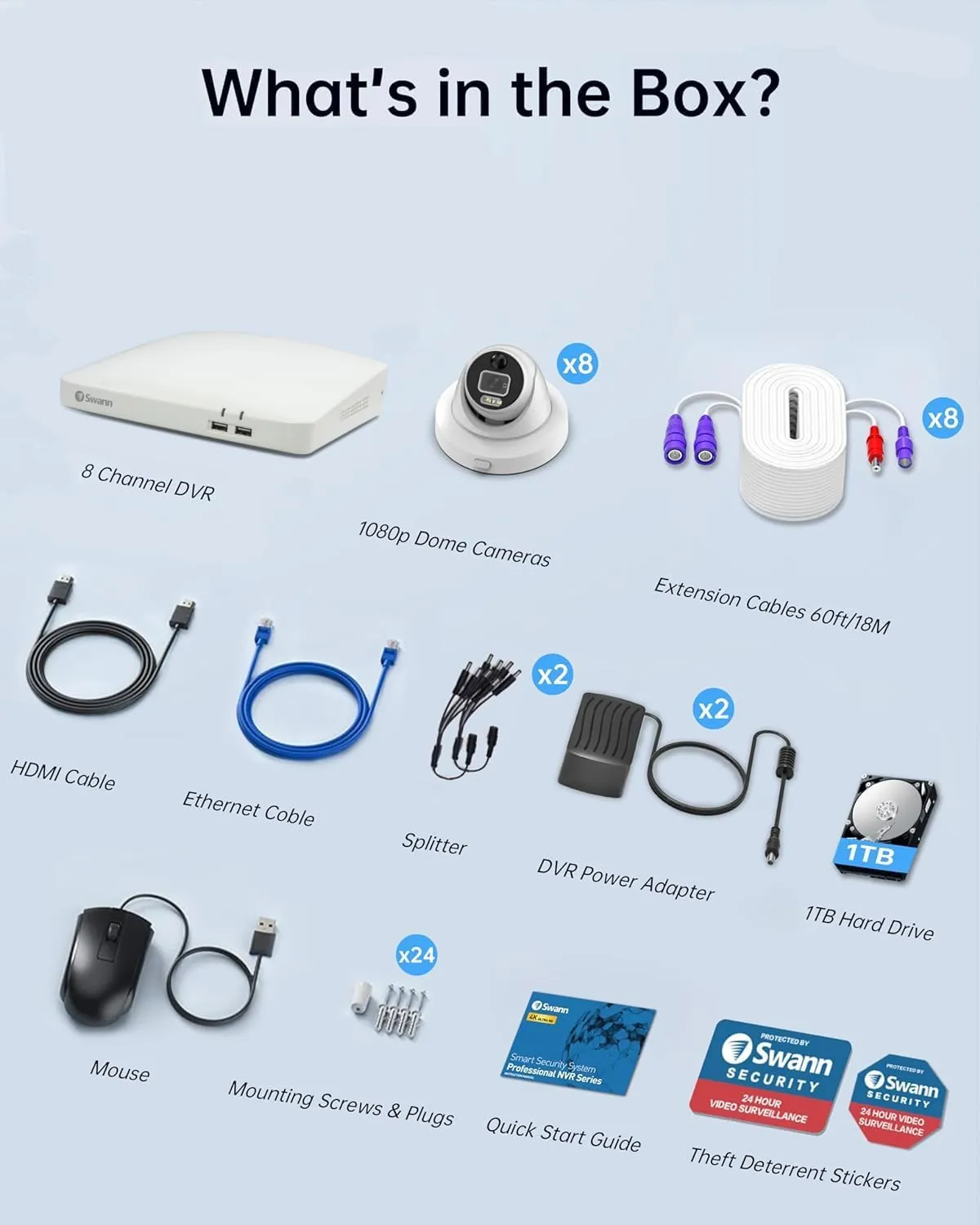 Swann 1080p HD Security Camera System White, 8-Ch DVR with 1TB HDD, 8 Indoor/Outdoor Wired Dome Cameras, 24/7 Home Surveillance, Color Night Vision, Weatherproof, True Detect