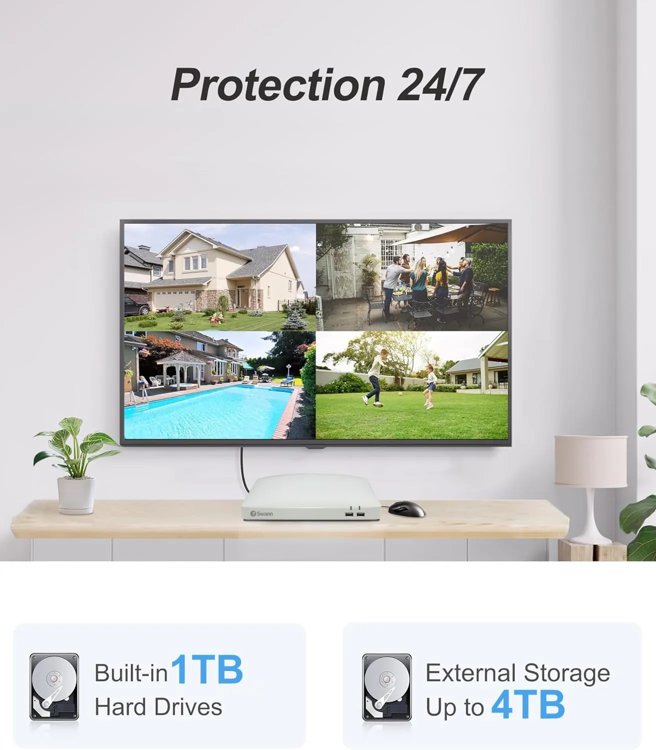 Swann 1080p HD Security Camera System White, 8-Ch DVR with 1TB HDD, 8 Indoor/Outdoor Wired Dome Cameras, 24/7 Home Surveillance, Color Night Vision, Weatherproof, True Detect