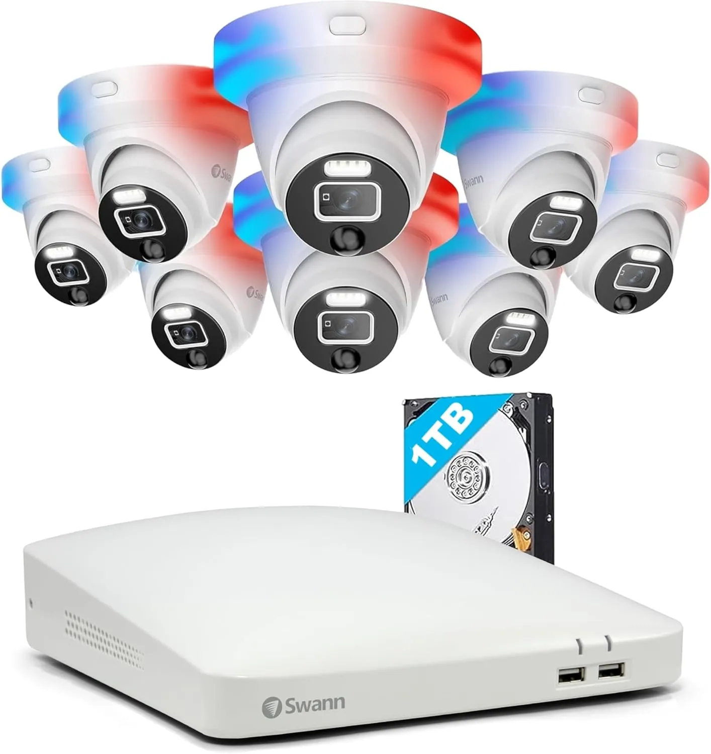 Swann 1080p HD Security Camera System White, 8-Ch DVR with 1TB HDD, 8 Indoor/Outdoor Wired Dome Cameras, 24/7 Home Surveillance, Color Night Vision, Weatherproof, True Detect