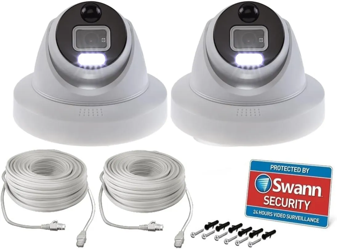 Swann 2 Pack SWNHD-900DE Add-On NVR Enforcer Dome Security Camera with Sensor Spotlight, 4K Ultra HD Surveillance, Outdoor & Indoor Design, True Detect Heat, Motion Detection, Siren