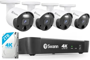 Swann 4K Master Security Camera System, 8 Channel NVR with 2TB HDD, 4X Bullet IP Cameras, Indoor/Outdoor PoE Wired, 24/7 Home Surveillance, Color Night Vision, True Detect, Sensor Spotlights,876804