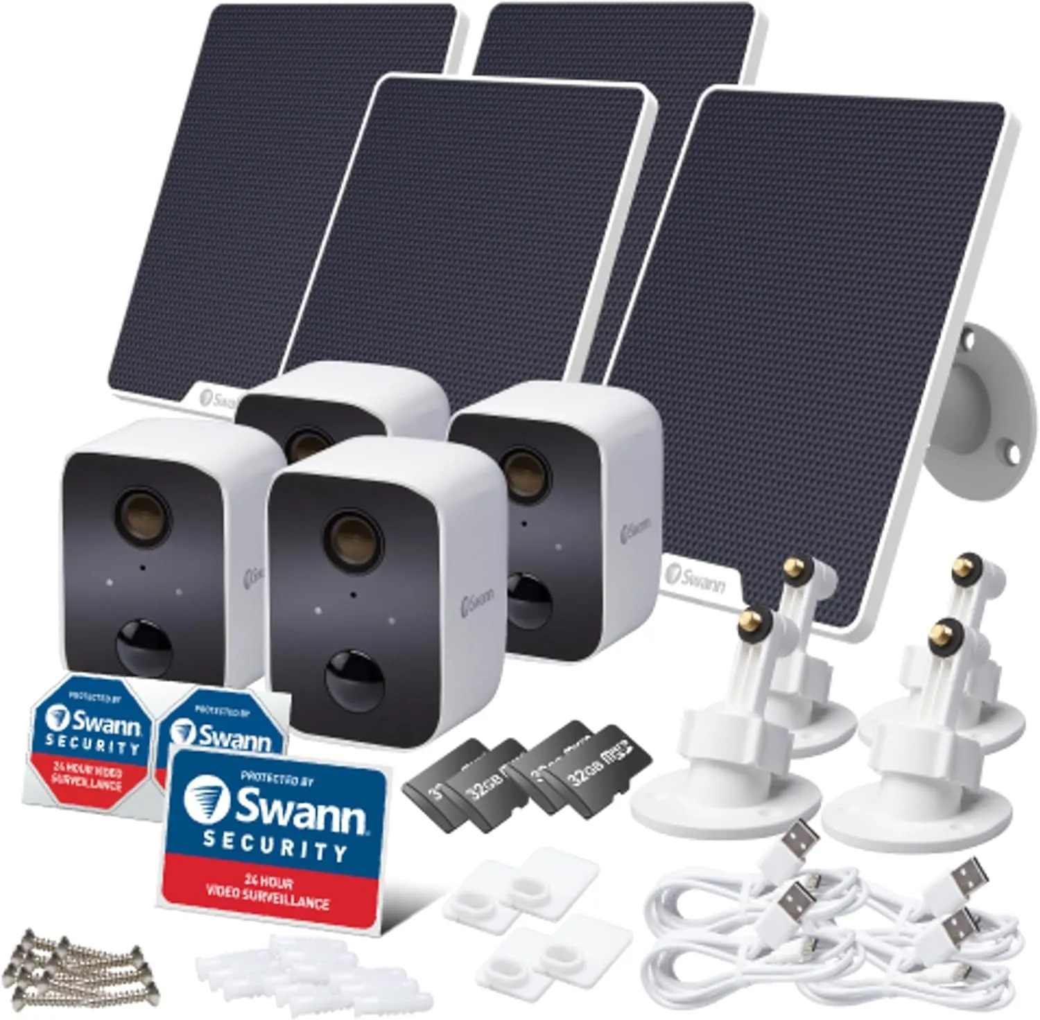 Swann CoreCam Solar Wireless Security Camera, 1080p HD Indoor/Outdoor Home, Night Vision, IP65, Heat Motion Detection, Weatherproof, 2-Way Talk, Siren, Local 32GB & Cloud Storage, Solar Panels, 4 Pack