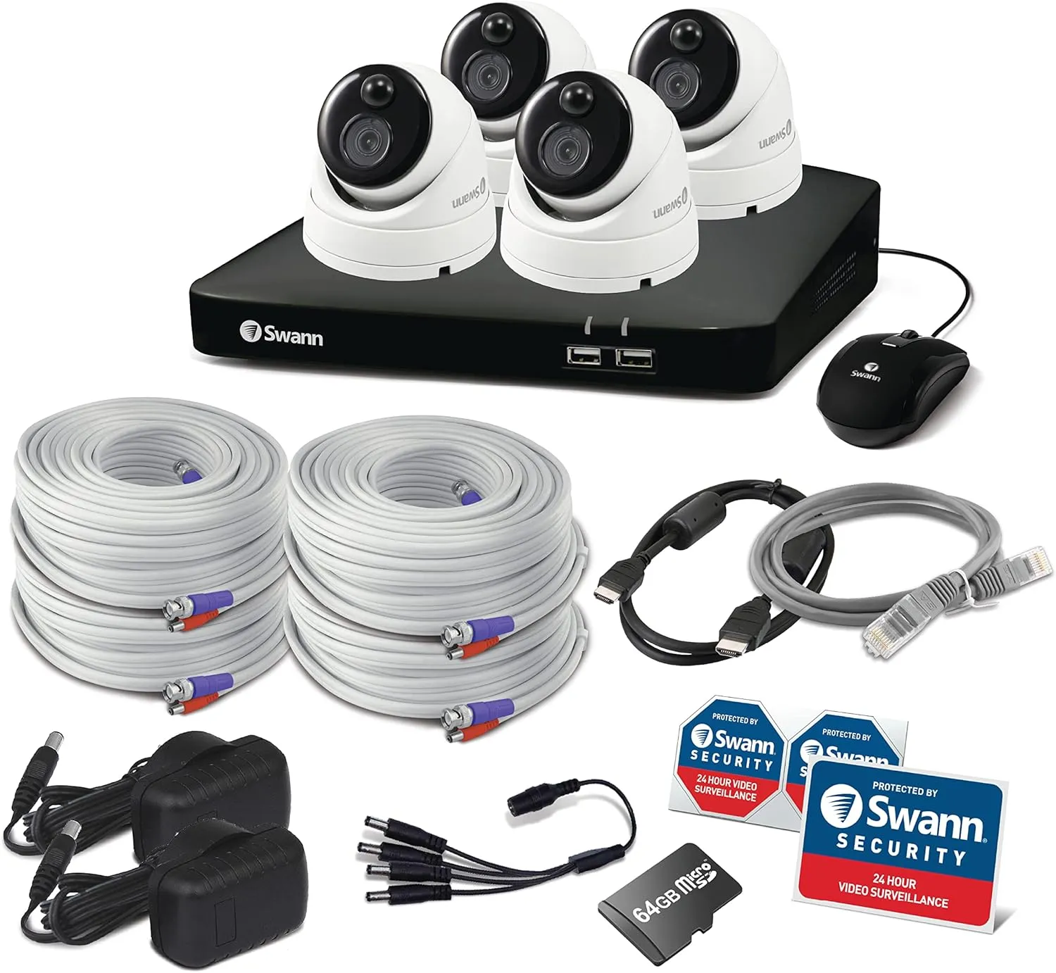 Swann Home DVR Security Camera System with 64GB HDD, 4 Channel 4 Camera, 1080p Full HD Video, Indoor or Outdoor Wired Surveillance CCTV, Heat Motion Detection, 4685