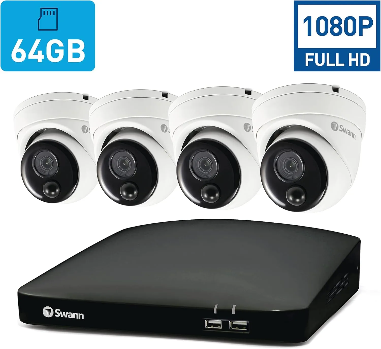 Swann Home DVR Security Camera System with 64GB HDD, 4 Channel 4 Camera, 1080p Full HD Video, Indoor or Outdoor Wired Surveillance CCTV, Heat Motion Detection, 4685