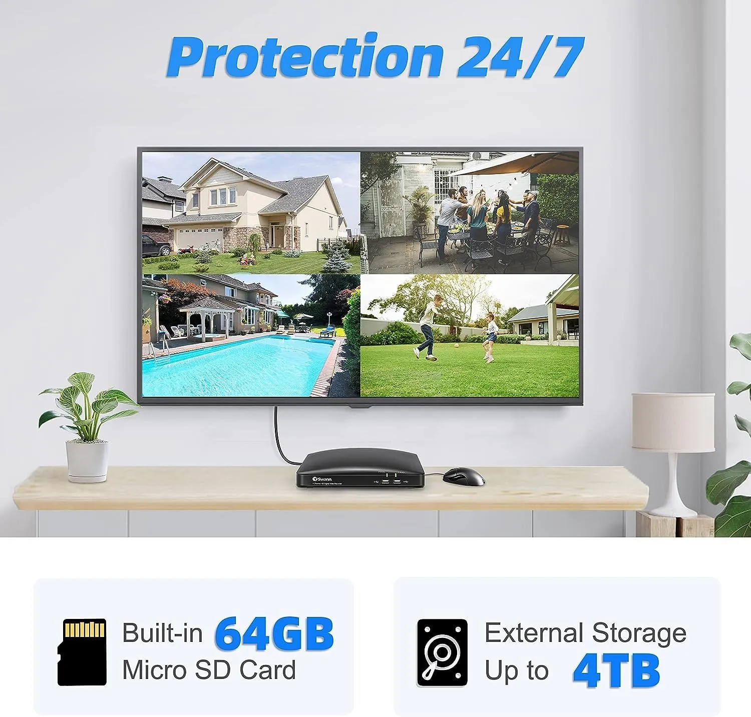 Swann Home DVR Security Camera System with 64GB HDD, 4 Channel 4 Camera, 1080p Full HD Video, Indoor or Outdoor Wired Surveillance CCTV, Heat Motion Detection, 4685