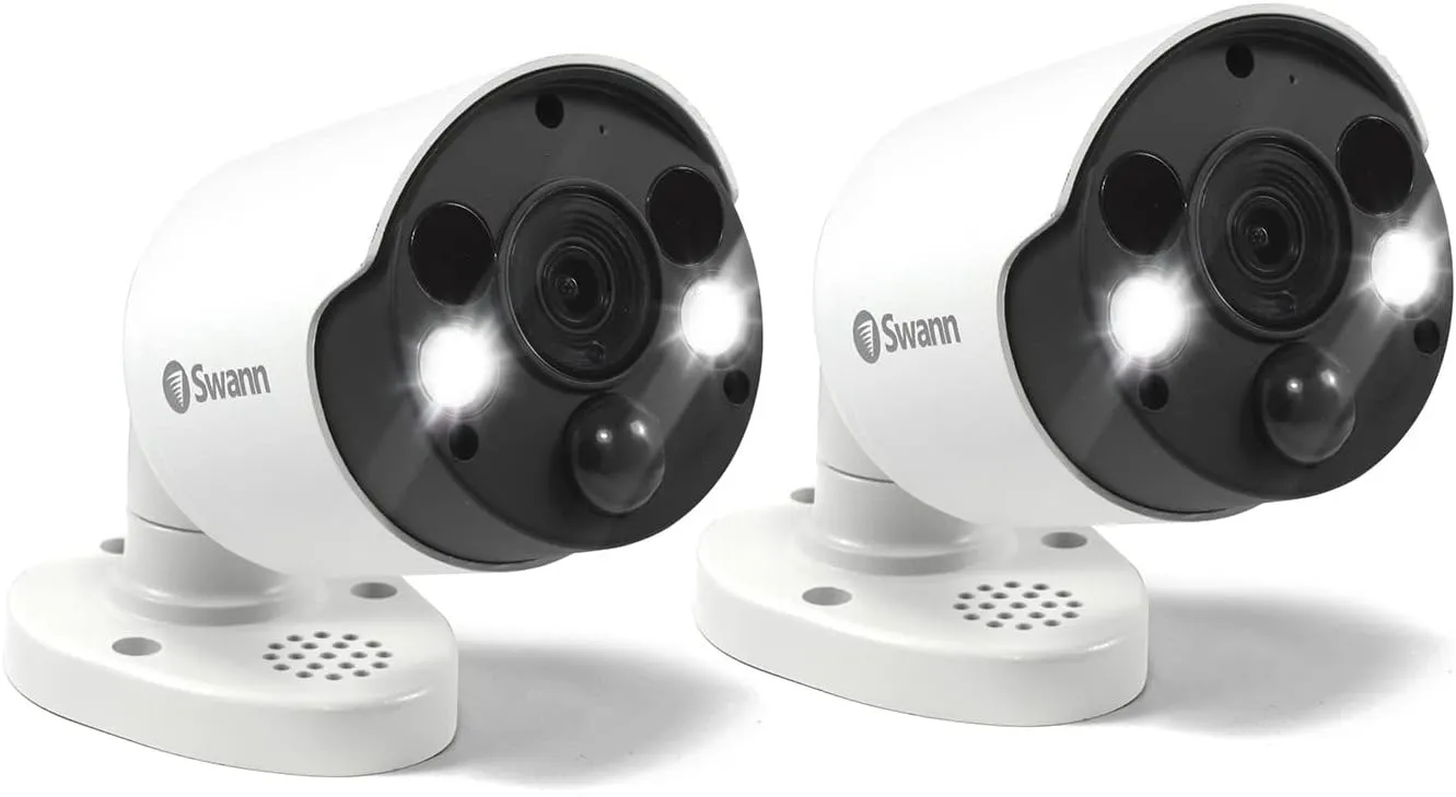 Swann Indoor/Outdoor Home Security 4K Ultra HD NVR Wired Bullet Camera and Spotlight, Color Night Vision, Heat & Motion Sensing Light, 2-Way Audio, Siren, Compatible w/NVR w/PoE, SWNHD-887MSFB 2 Pack