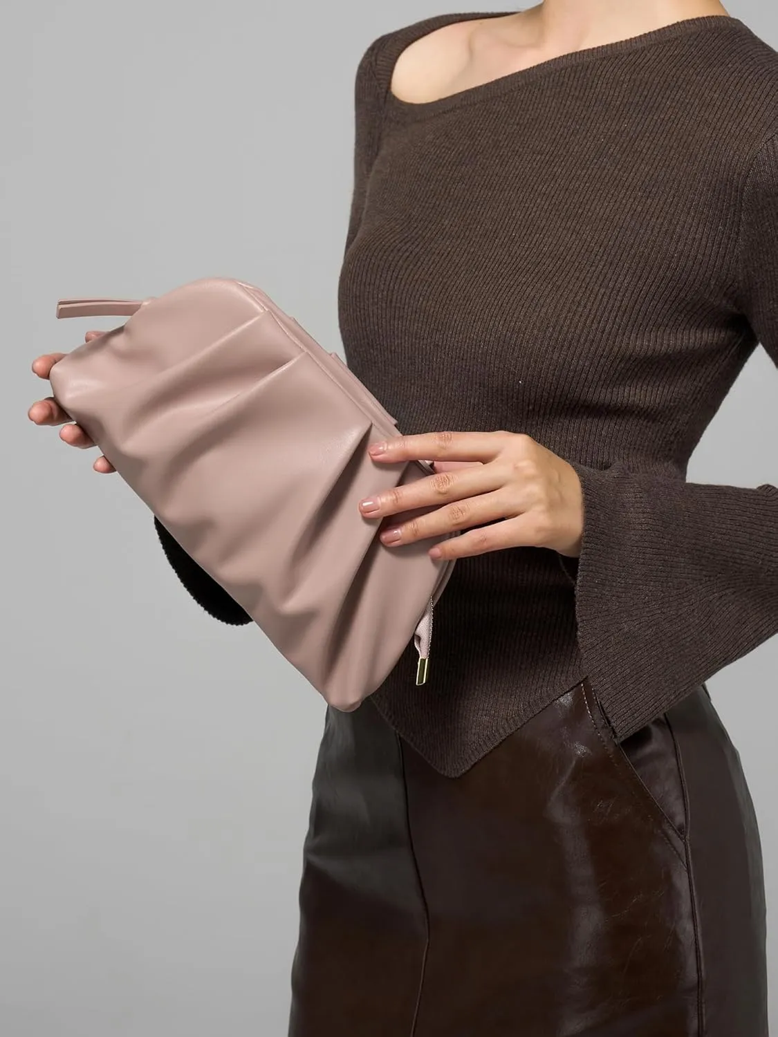 SWEETV Dressy Vegan Leather Clutch Purse for Women Formal, Soft Pleated PU Evening Clutch for Weddings, Proms, Cocktail-Gemma