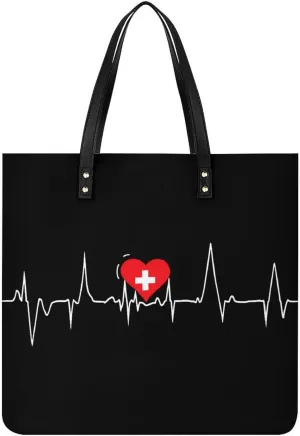 Switerland Heart Heartbeat Leather Tote Bag for Women Men Shoulder Bag Casual Handbag Work Bag 39x39cm