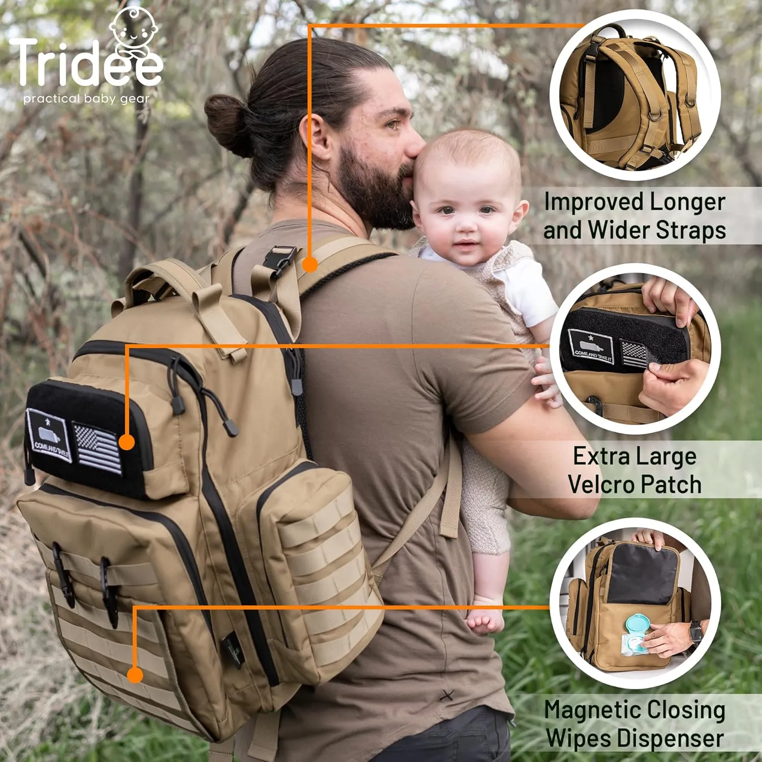 Tan Dad Diaper Bag - Molle-Style Military Diaper Backpack Made of Rugged 900D Waterproof Polyester with Wider Extra-Long Straps, Pouch for Dirty Diapers, Baby Wipes Dispenser & Insulated Pockets