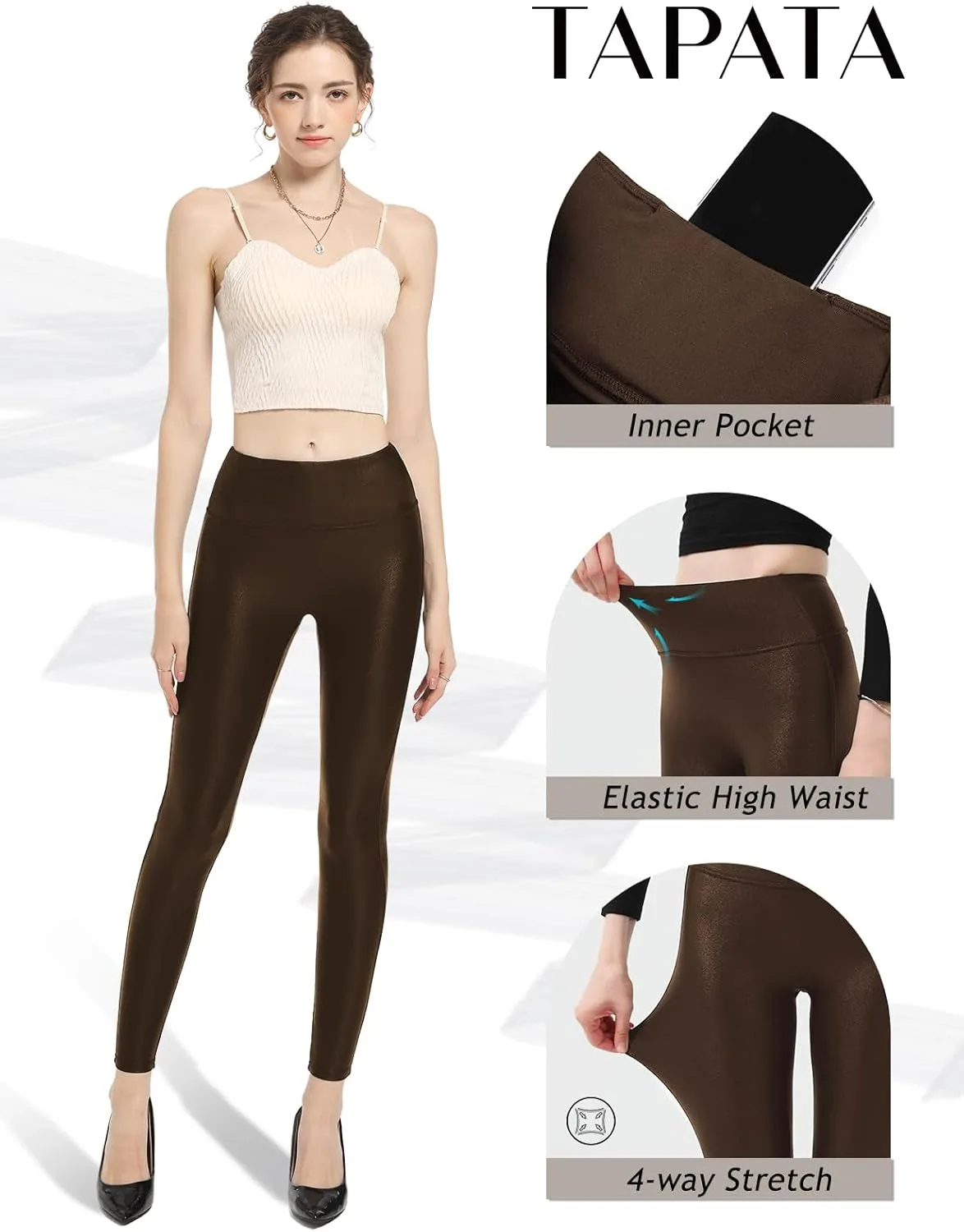 Tapata Petite Women's 25"/27"/29" Inseam Faux Leather Leggings High Waisted Pleather Yoga Pants