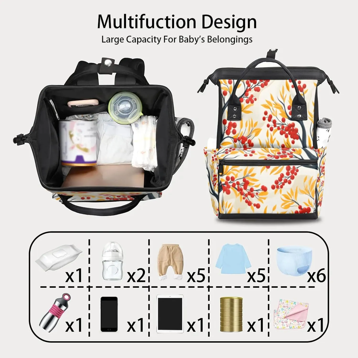 Tavisto Berry Autumn Radiance Double Shoulder Mommy Bag for Women, Polyester Large Capacity Diaper Backpack with Multi Pockets, Waterproof Adjustable Straps Diaper Bag for Moms Dads, 11''×7''×15.7''