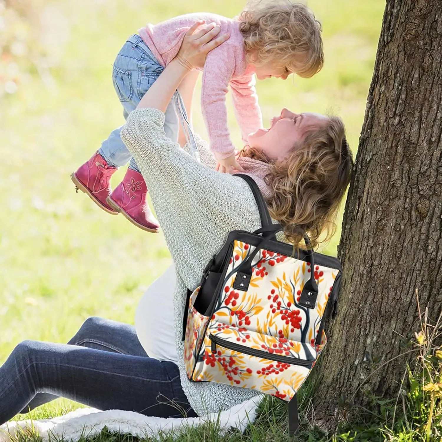 Tavisto Berry Autumn Radiance Double Shoulder Mommy Bag for Women, Polyester Large Capacity Diaper Backpack with Multi Pockets, Waterproof Adjustable Straps Diaper Bag for Moms Dads, 11''×7''×15.7''