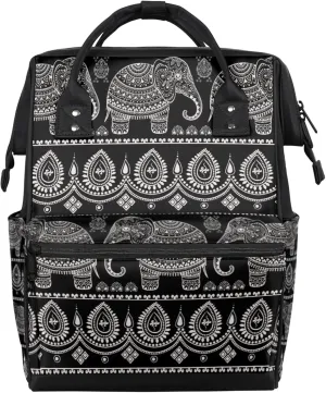 Tavisto Black White Elephant Double Shoulder Mommy Bag for Women, Polyester Large Capacity Diaper Backpack with Multi Pockets, Waterproof Adjustable Straps Diaper Bag for Moms Dads, 11''×7''×15.7''