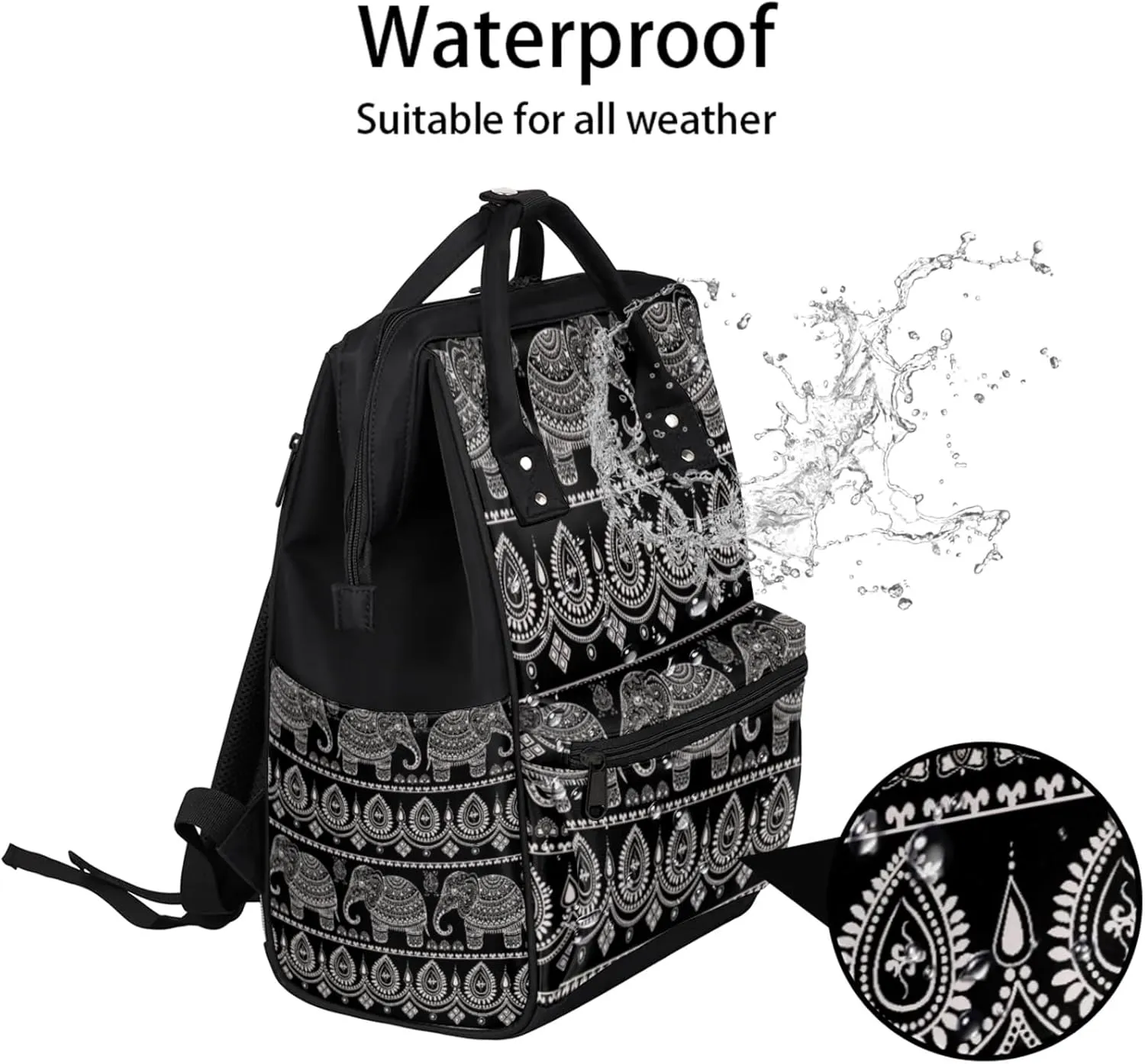 Tavisto Black White Elephant Double Shoulder Mommy Bag for Women, Polyester Large Capacity Diaper Backpack with Multi Pockets, Waterproof Adjustable Straps Diaper Bag for Moms Dads, 11''×7''×15.7''