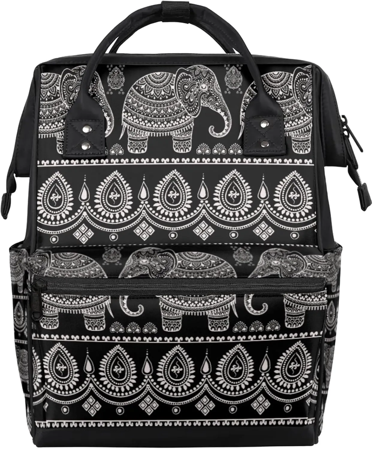 Tavisto Black White Elephant Double Shoulder Mommy Bag for Women, Polyester Large Capacity Diaper Backpack with Multi Pockets, Waterproof Adjustable Straps Diaper Bag for Moms Dads, 11''×7''×15.7''