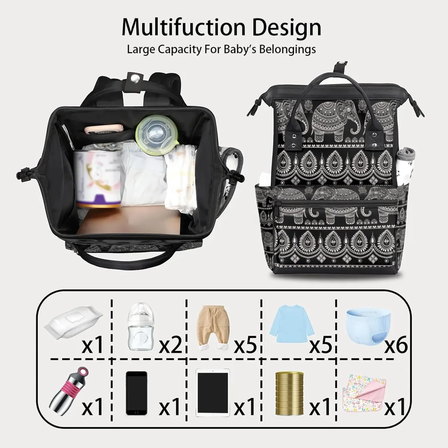 Tavisto Black White Elephant Double Shoulder Mommy Bag for Women, Polyester Large Capacity Diaper Backpack with Multi Pockets, Waterproof Adjustable Straps Diaper Bag for Moms Dads, 11''×7''×15.7''